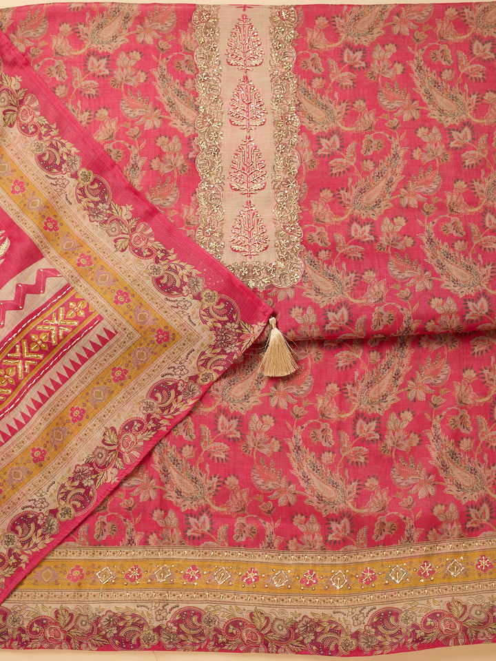 Pink Cotton Threadwork Unstitched Dress Material With Matching Bottom And Dupatta