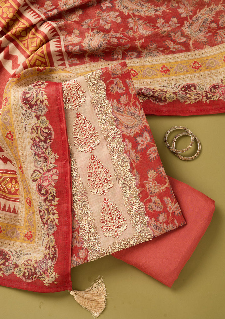 Red Cotton Threadwork Unstitched Dress Material With Matching Bottom And Dupatta