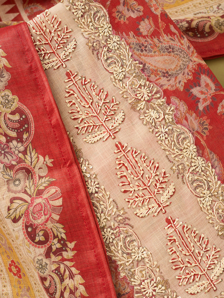 Red Cotton Threadwork Unstitched Dress Material With Matching Bottom And Dupatta