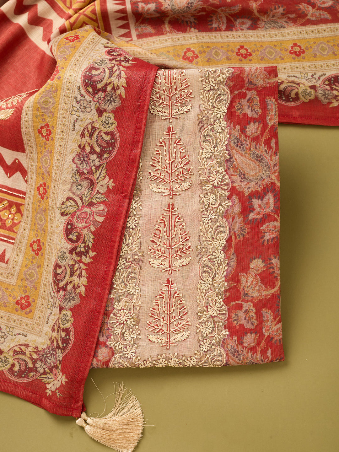 Red Cotton Threadwork Unstitched Dress Material With Matching Bottom And Dupatta