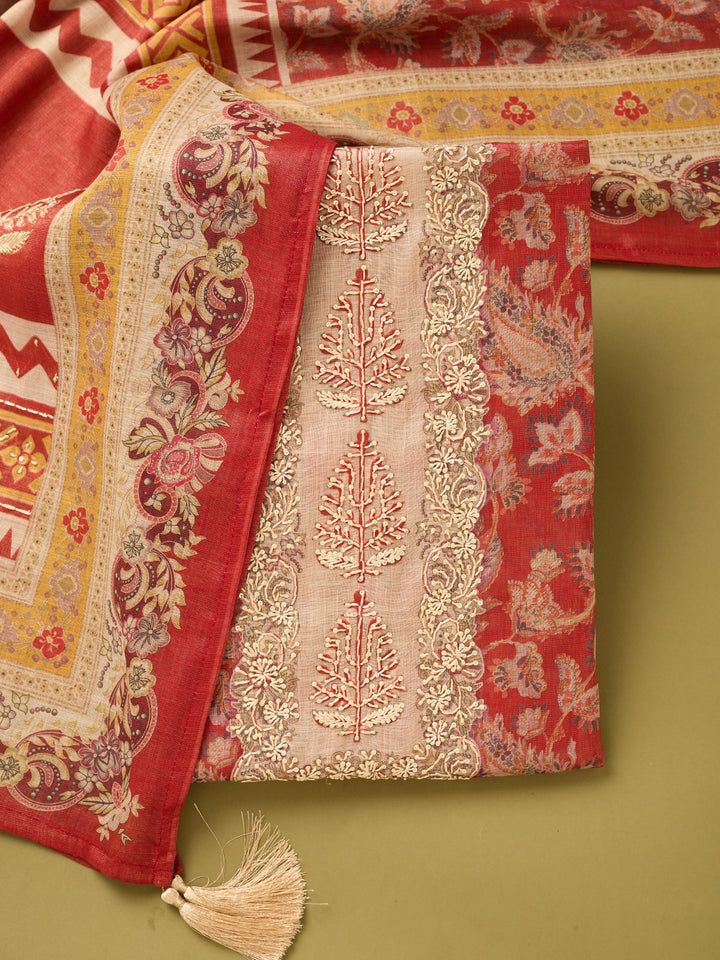Red Cotton Threadwork Unstitched Dress Material With Matching Bottom And Dupatta