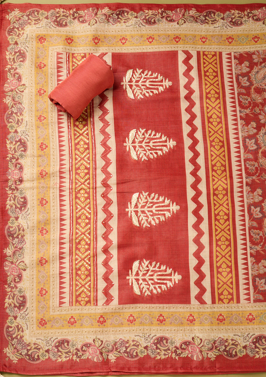 Red Cotton Threadwork Unstitched Dress Material With Matching Bottom And Dupatta