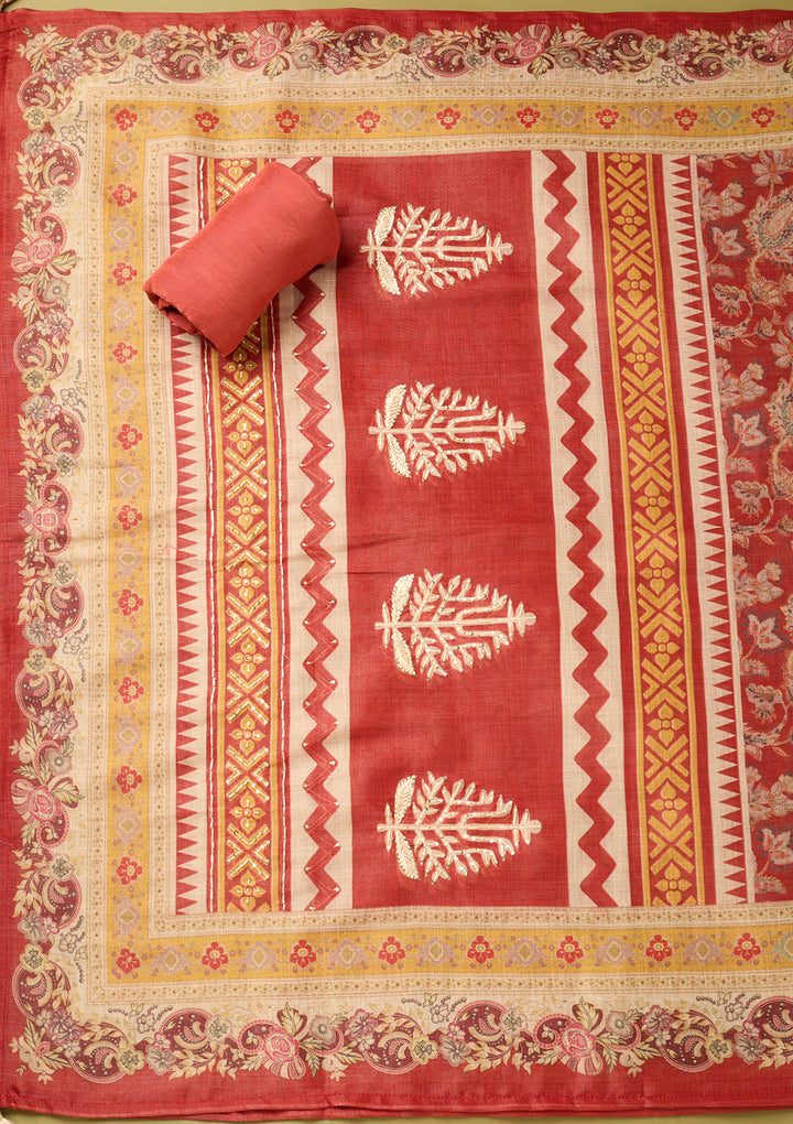 Red Cotton Threadwork Unstitched Dress Material With Matching Bottom And Dupatta
