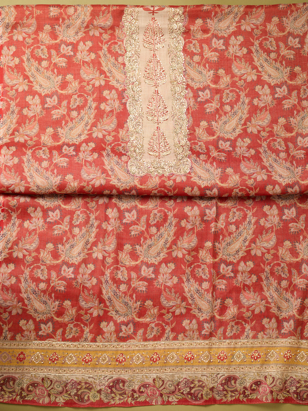 Red Cotton Threadwork Unstitched Dress Material With Matching Bottom And Dupatta