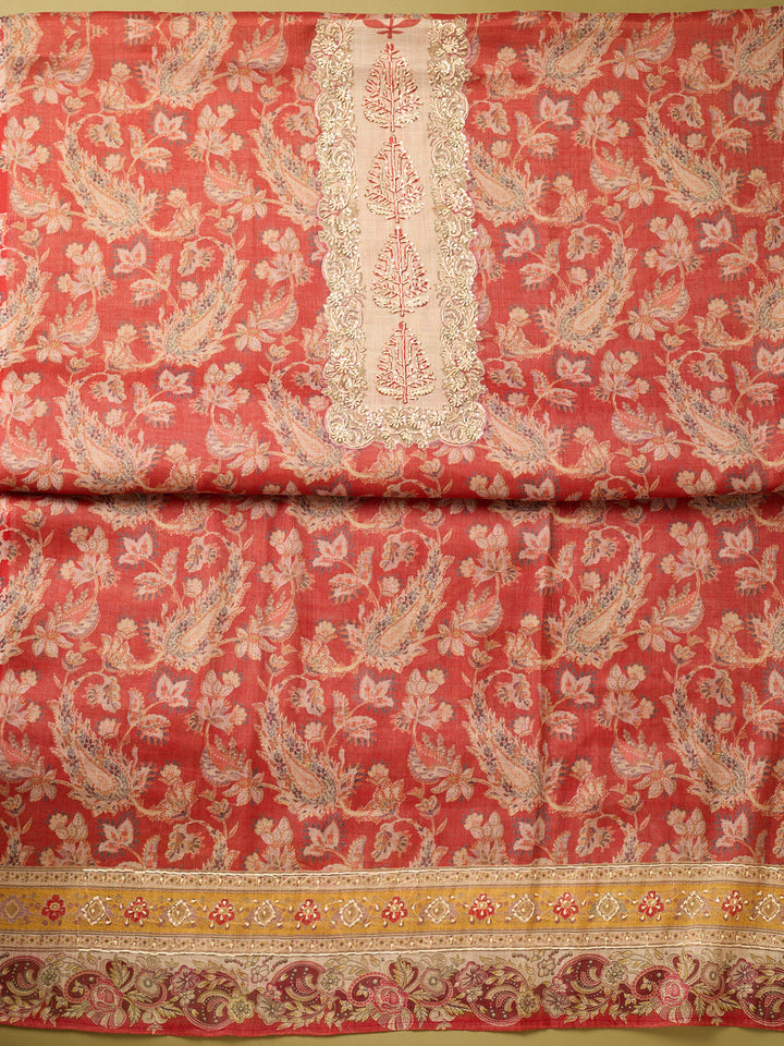 Red Cotton Threadwork Unstitched Dress Material With Matching Bottom And Dupatta
