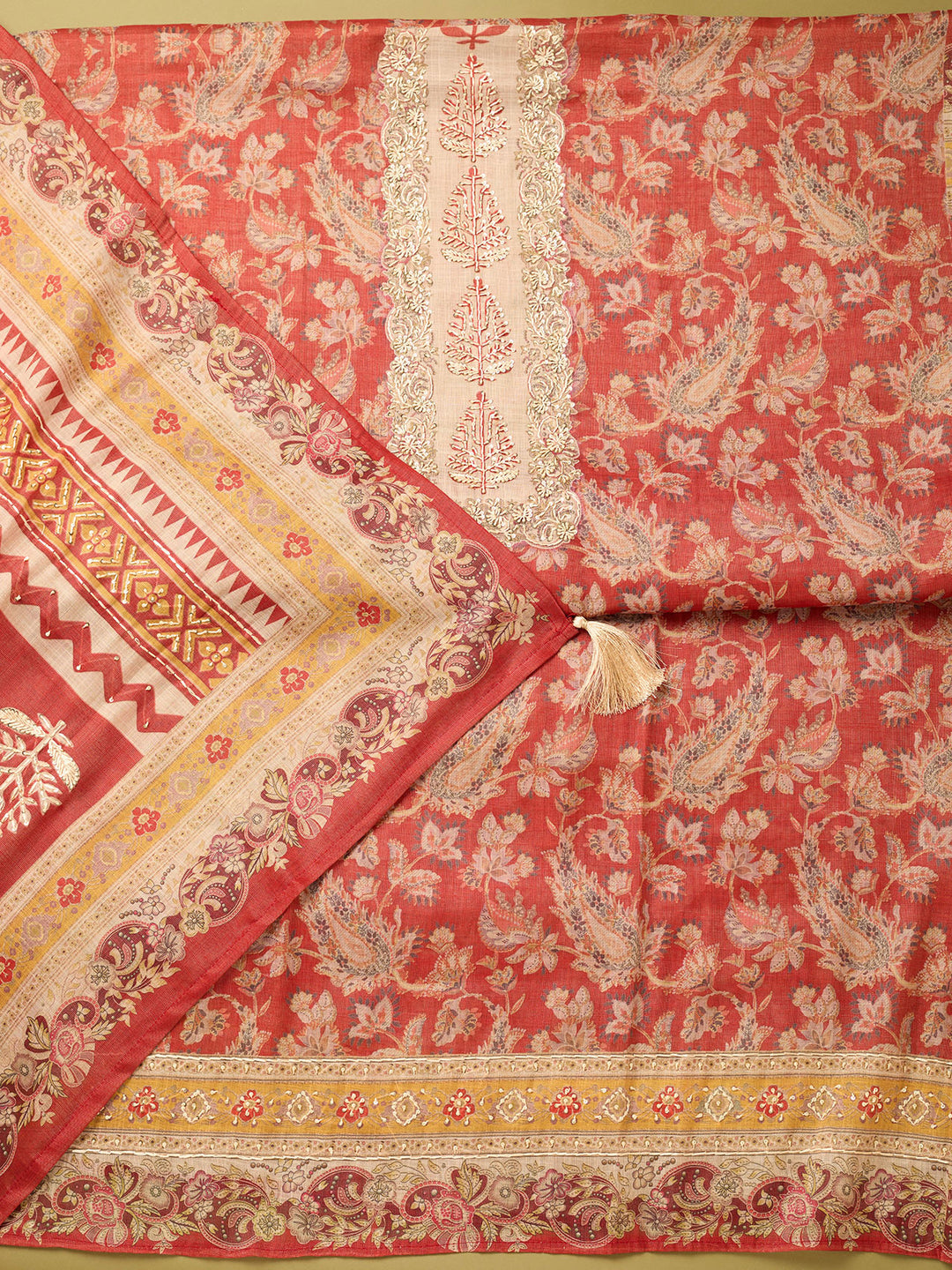 Red Cotton Threadwork Unstitched Dress Material With Matching Bottom And Dupatta