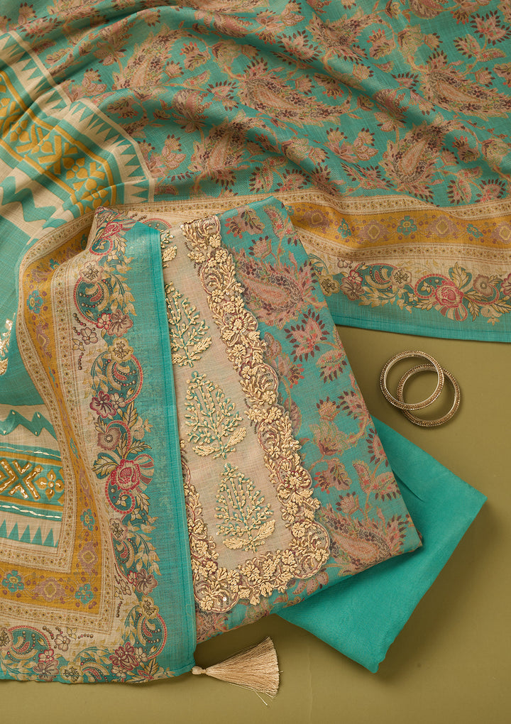 Sea Green Cotton Threadwork Unstitched Dress Material With Matching Bottom And Dupatta
