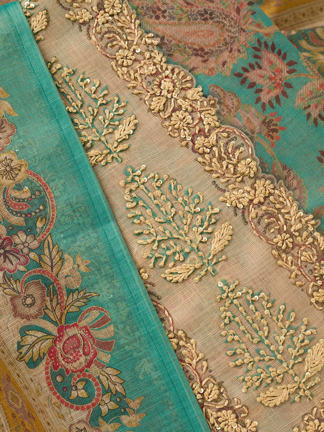 Sea Green Cotton Threadwork Unstitched Dress Material With Matching Bottom And Dupatta