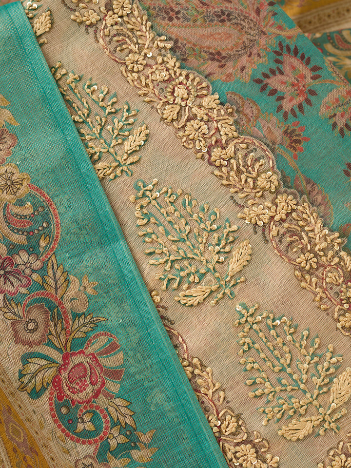 Sea Green Cotton Threadwork Unstitched Dress Material With Matching Bottom And Dupatta
