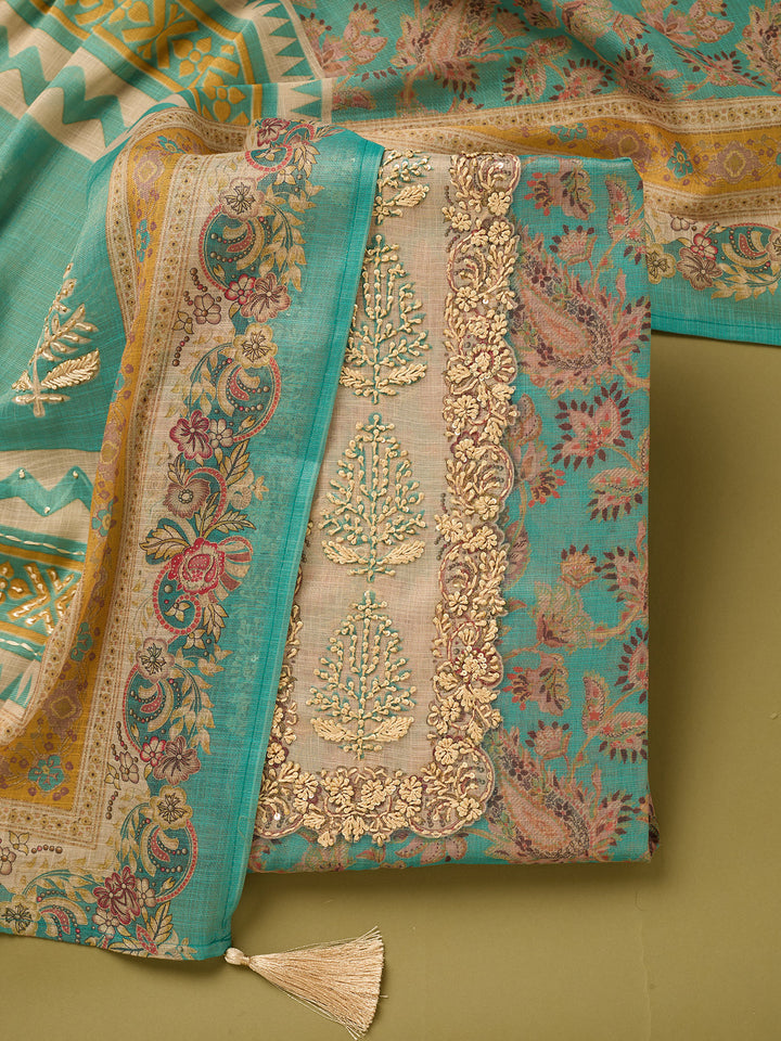 Sea Green Cotton Threadwork Unstitched Dress Material With Matching Bottom And Dupatta