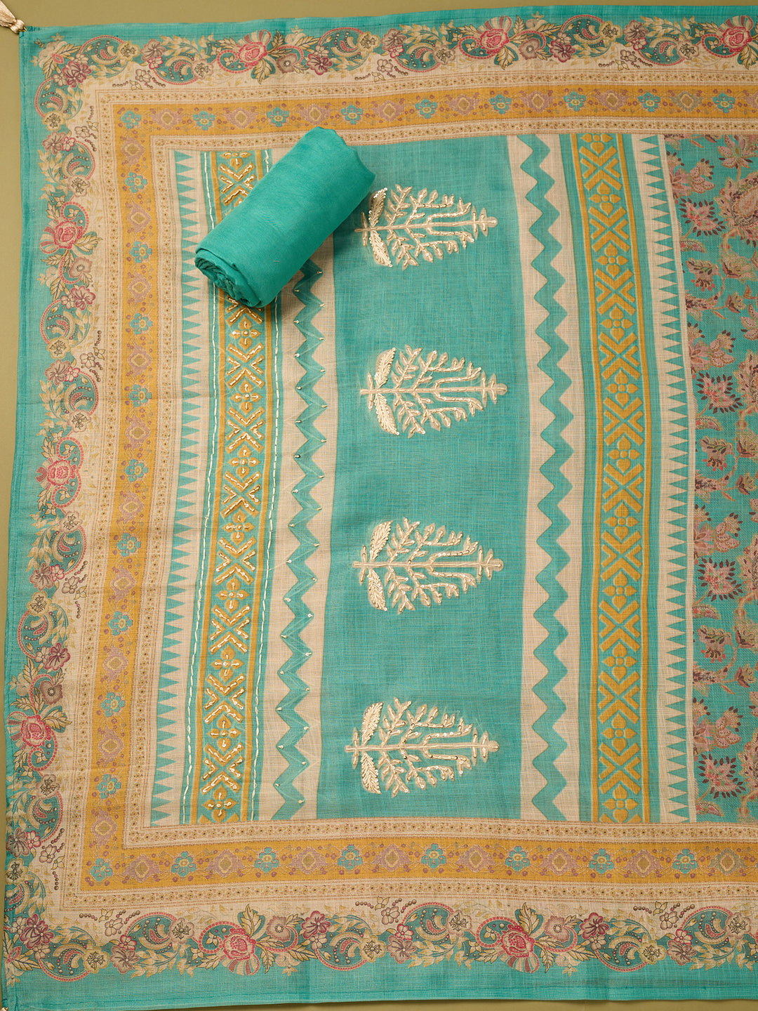 Sea Green Cotton Threadwork Unstitched Dress Material With Matching Bottom And Dupatta