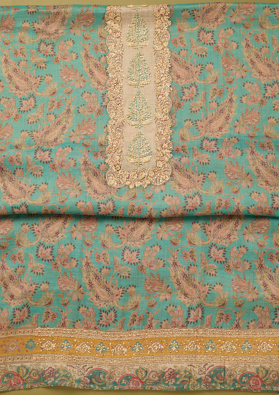 Sea Green Cotton Threadwork Unstitched Dress Material With Matching Bottom And Dupatta