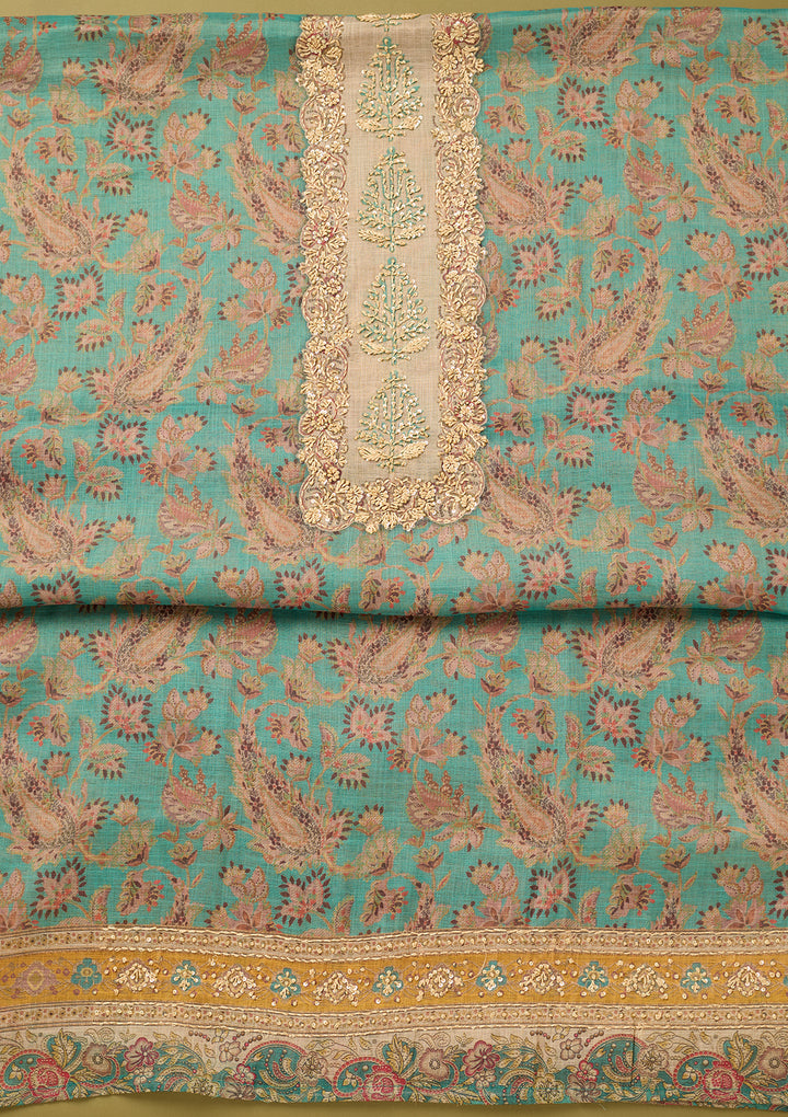 Sea Green Cotton Threadwork Unstitched Dress Material With Matching Bottom And Dupatta