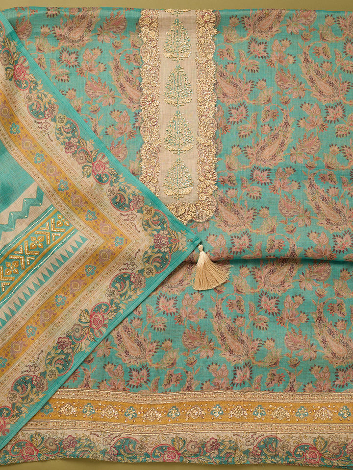 Sea Green Cotton Threadwork Unstitched Dress Material With Matching Bottom And Dupatta