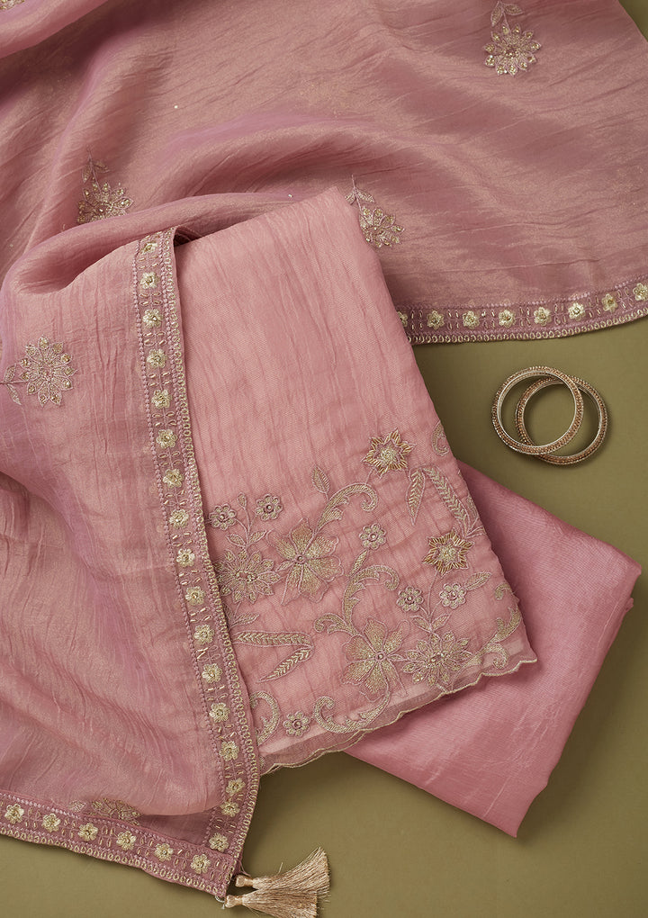 Light Lavender Tissue Cutdana Unstitched Dress Material With Matching Bottom And Dupatta