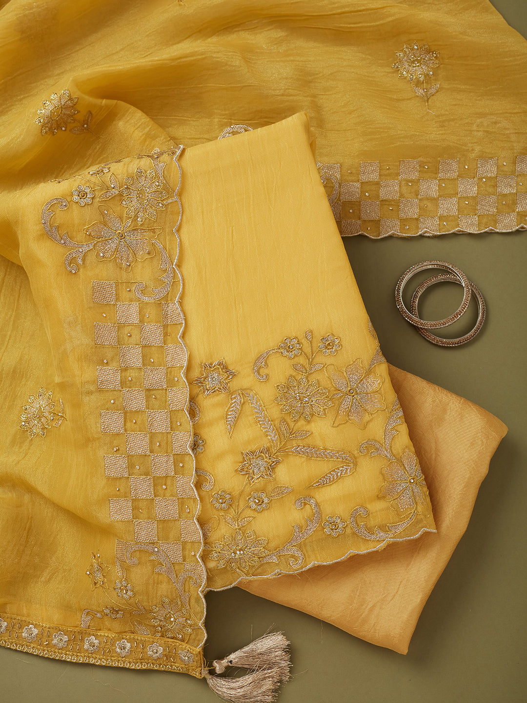 Mustard Yellow Tissue Cutdana Unstitched Dress Material With Matching Bottom And Dupatta