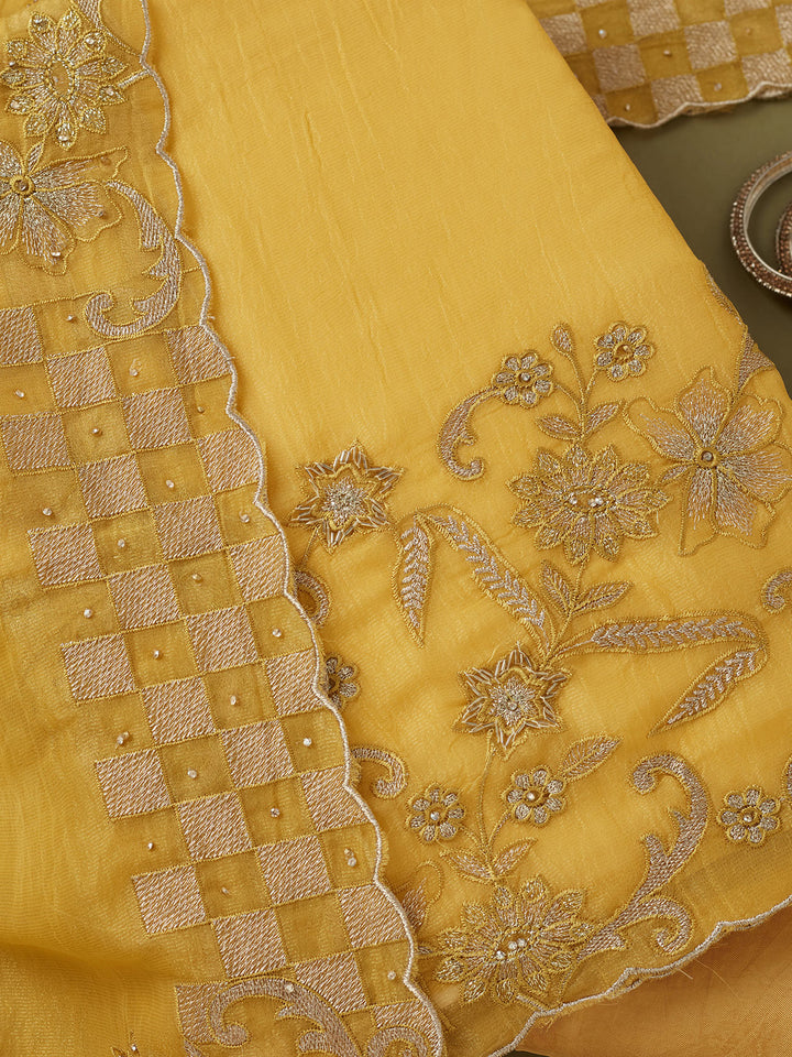 Mustard Yellow Tissue Cutdana Unstitched Dress Material With Matching Bottom And Dupatta