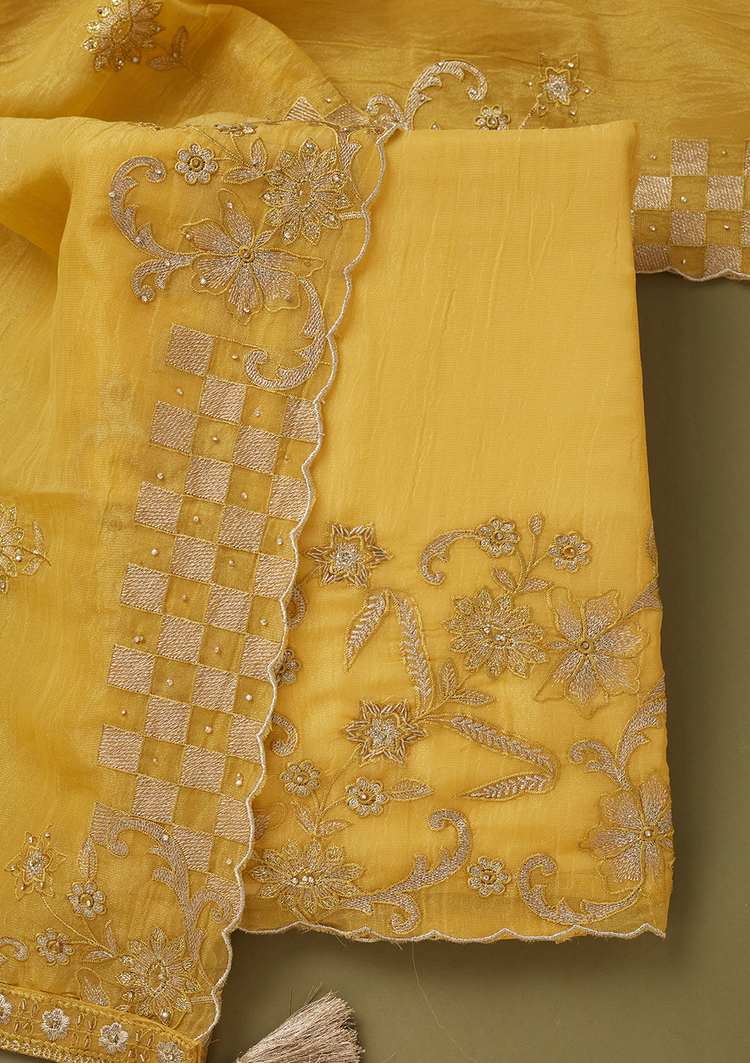 Mustard Yellow Tissue Cutdana Unstitched Dress Material With Matching Bottom And Dupatta