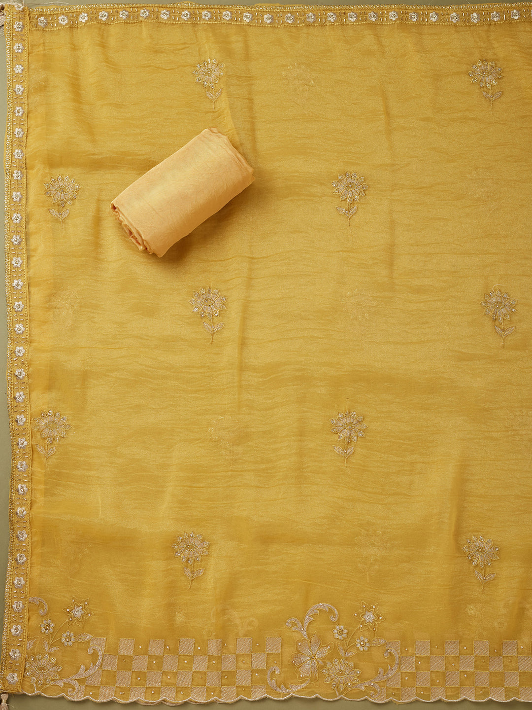 Mustard Yellow Tissue Cutdana Unstitched Dress Material With Matching Bottom And Dupatta