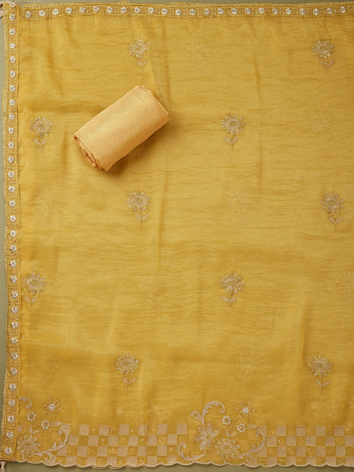 Mustard Yellow Tissue Cutdana Unstitched Dress Material With Matching Bottom And Dupatta