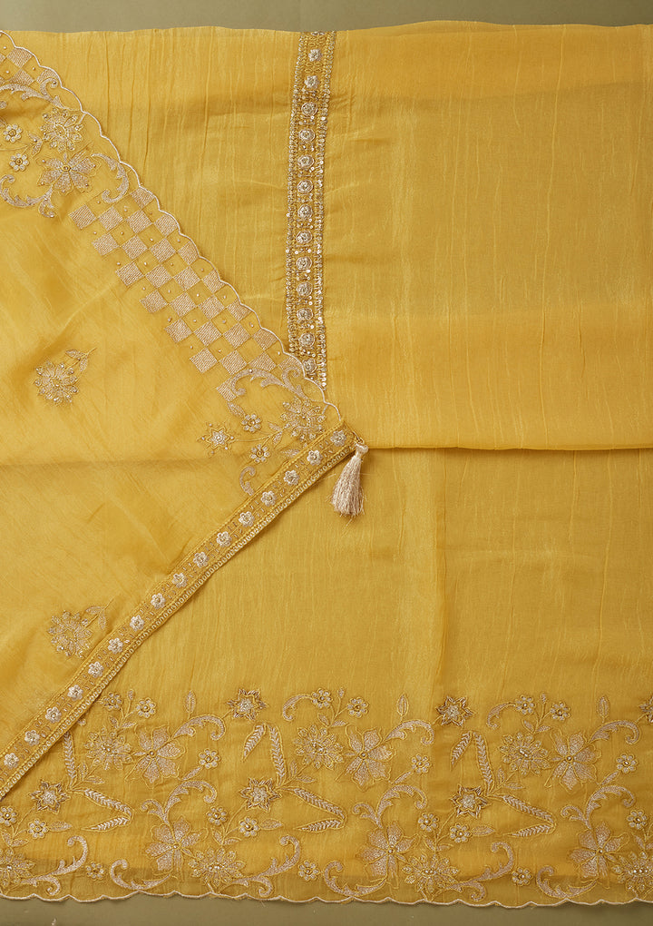 Mustard Yellow Tissue Cutdana Unstitched Dress Material With Matching Bottom And Dupatta