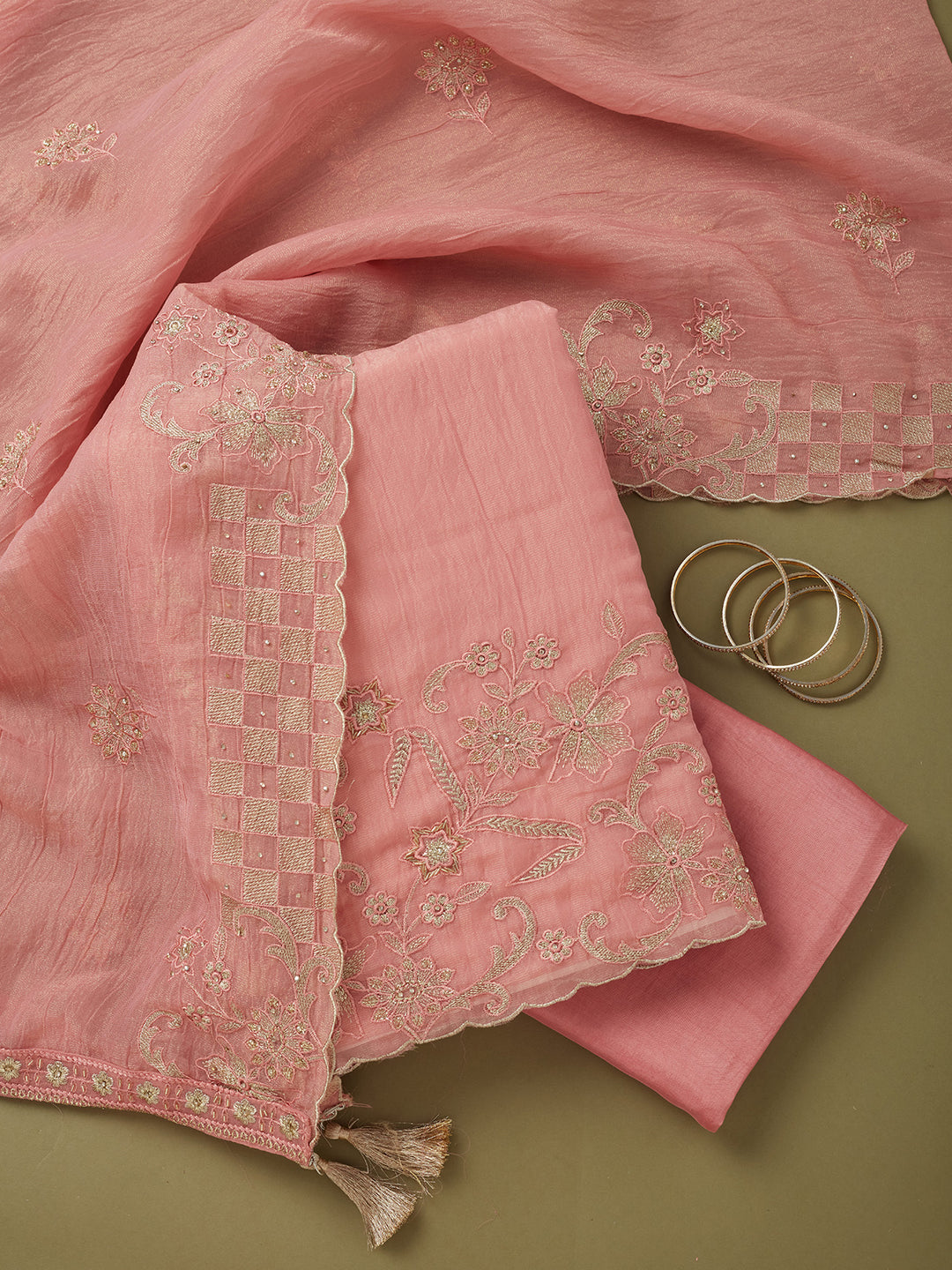 Pink Tissue Cutdana Unstitched Dress Material With Matching Bottom And Dupatta