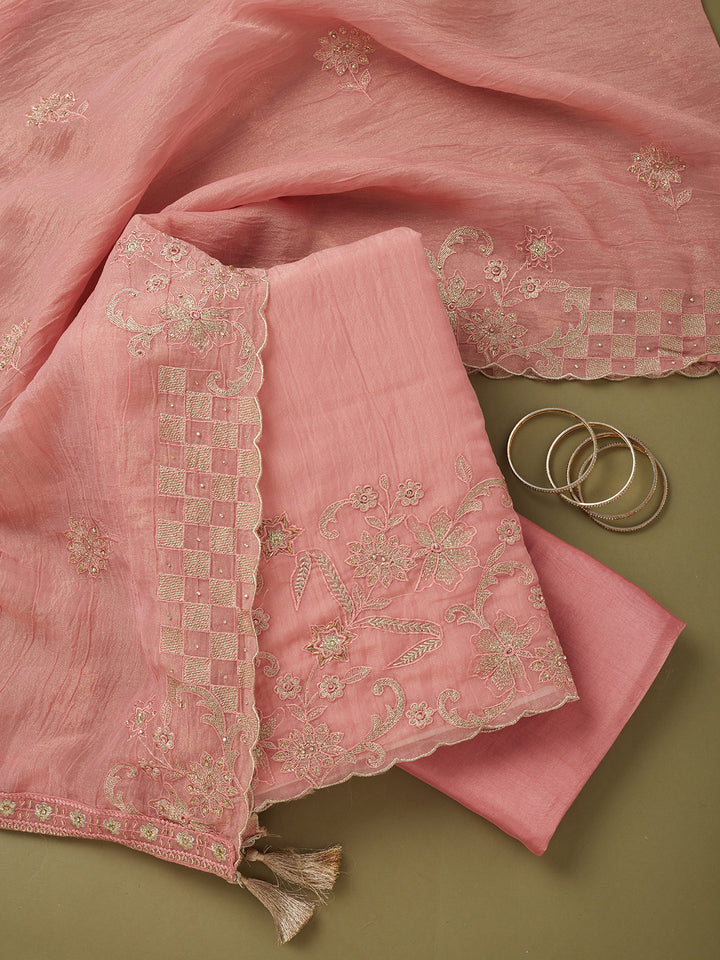 Pink Tissue Cutdana Unstitched Dress Material With Matching Bottom And Dupatta