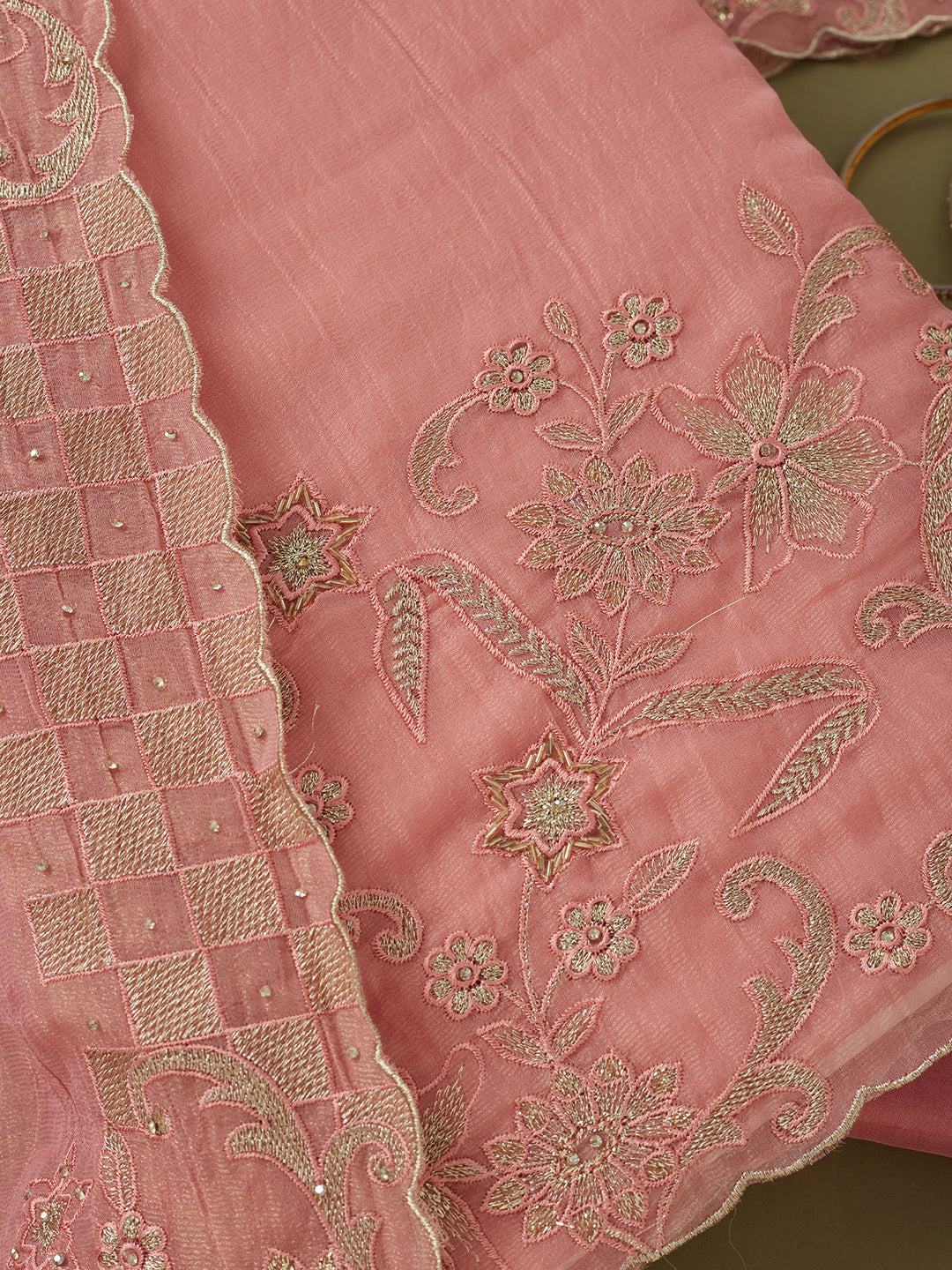 Pink Tissue Cutdana Unstitched Dress Material With Matching Bottom And Dupatta