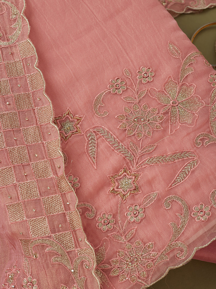 Pink Tissue Cutdana Unstitched Dress Material With Matching Bottom And Dupatta