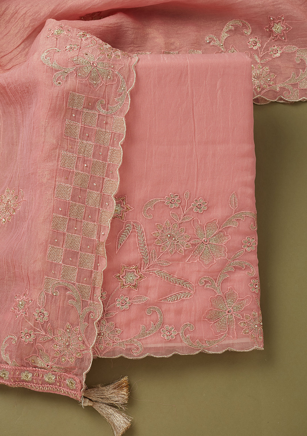 Pink Tissue Cutdana Unstitched Dress Material With Matching Bottom And Dupatta
