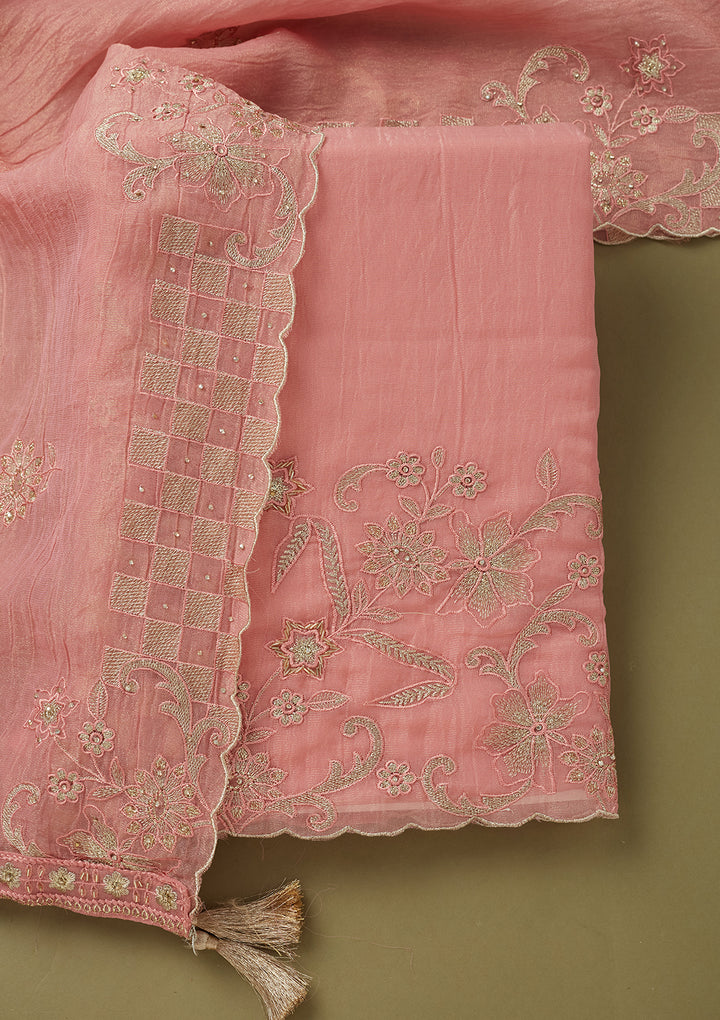 Pink Tissue Cutdana Unstitched Dress Material With Matching Bottom And Dupatta