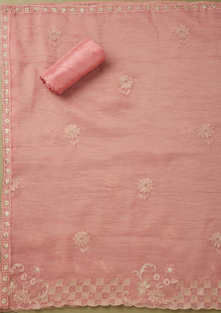 Pink Tissue Cutdana Unstitched Dress Material With Matching Bottom And Dupatta