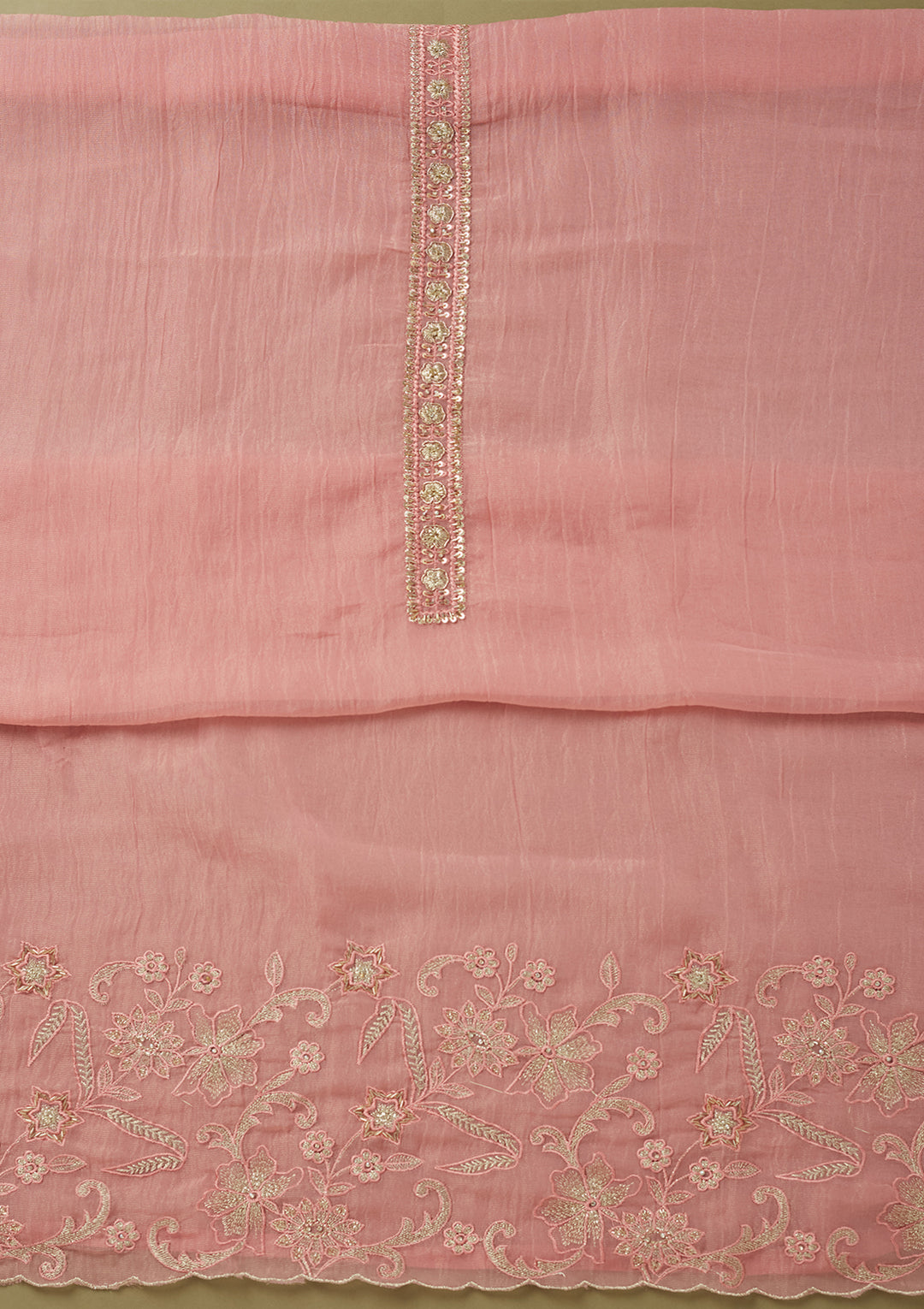 Pink Tissue Cutdana Unstitched Dress Material With Matching Bottom And Dupatta