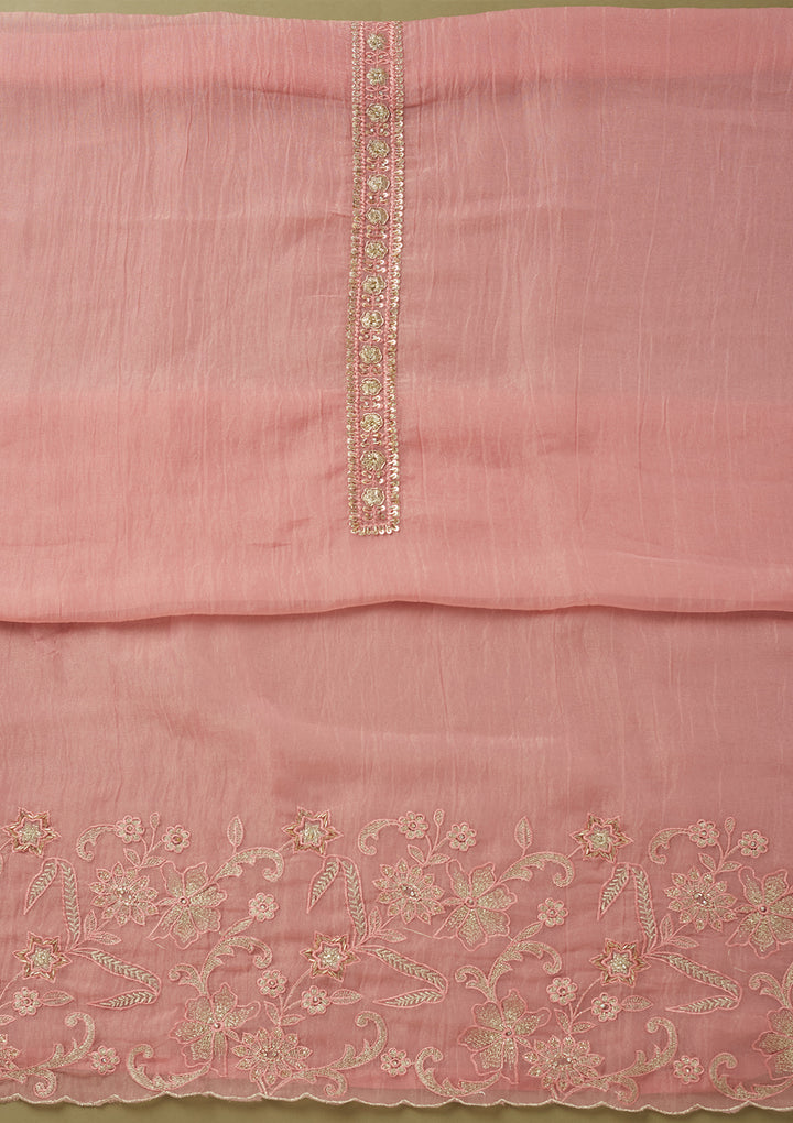 Pink Tissue Cutdana Unstitched Dress Material With Matching Bottom And Dupatta