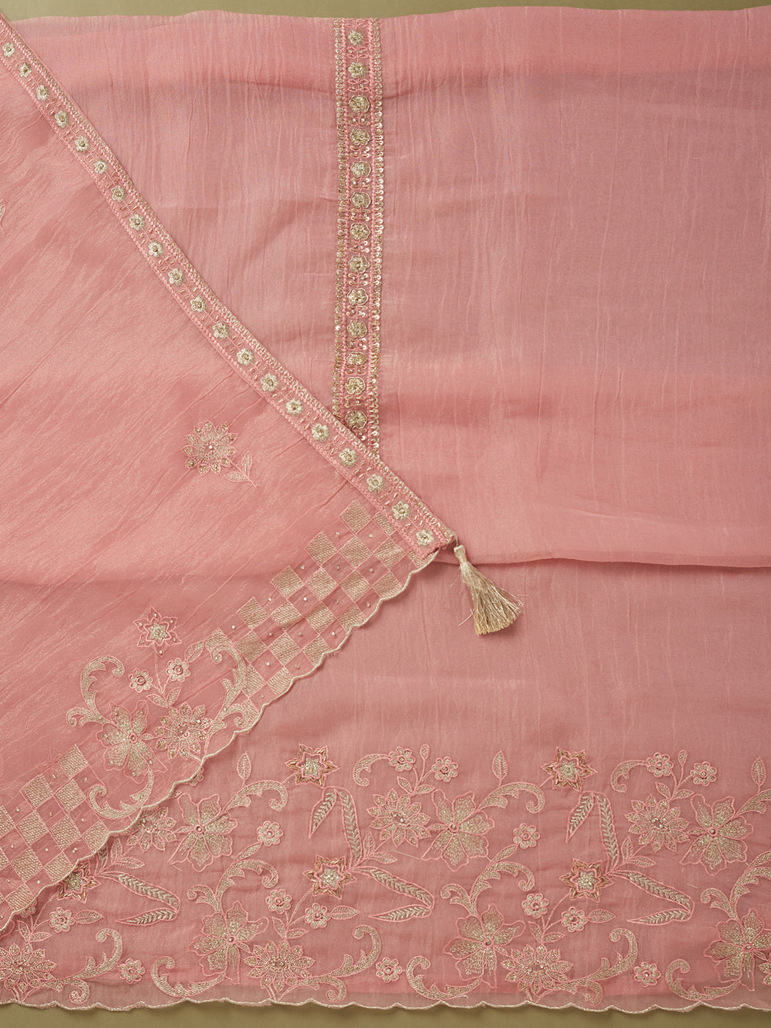 Pink Tissue Cutdana Unstitched Dress Material With Matching Bottom And Dupatta