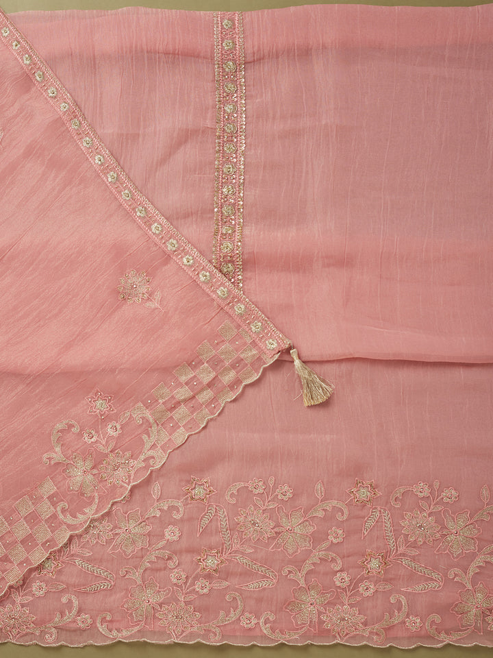 Pink Tissue Cutdana Unstitched Dress Material With Matching Bottom And Dupatta