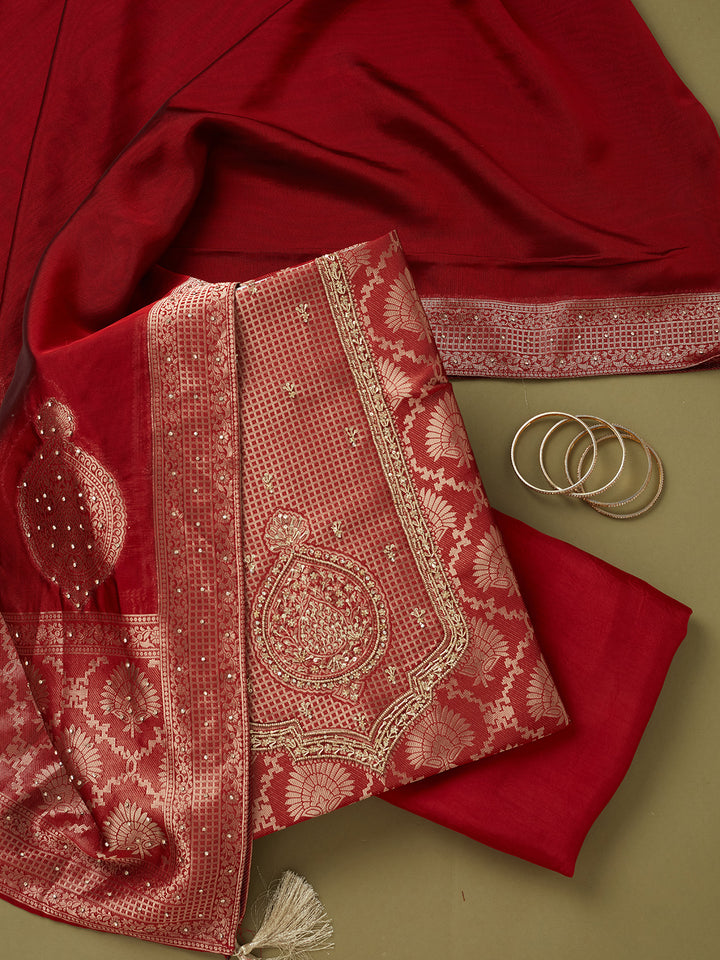 Maroon Dola Silk Sequins Unstitched Dress Material With Matching Bottom And Dupatta