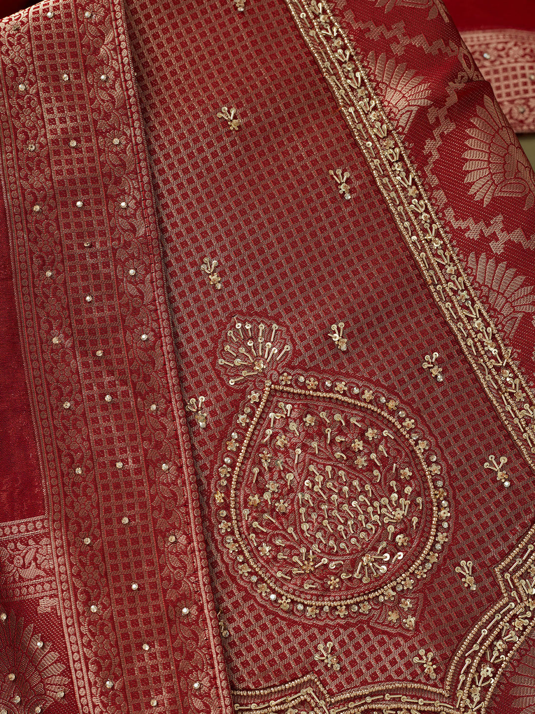 Maroon Dola Silk Sequins Unstitched Dress Material With Matching Bottom And Dupatta