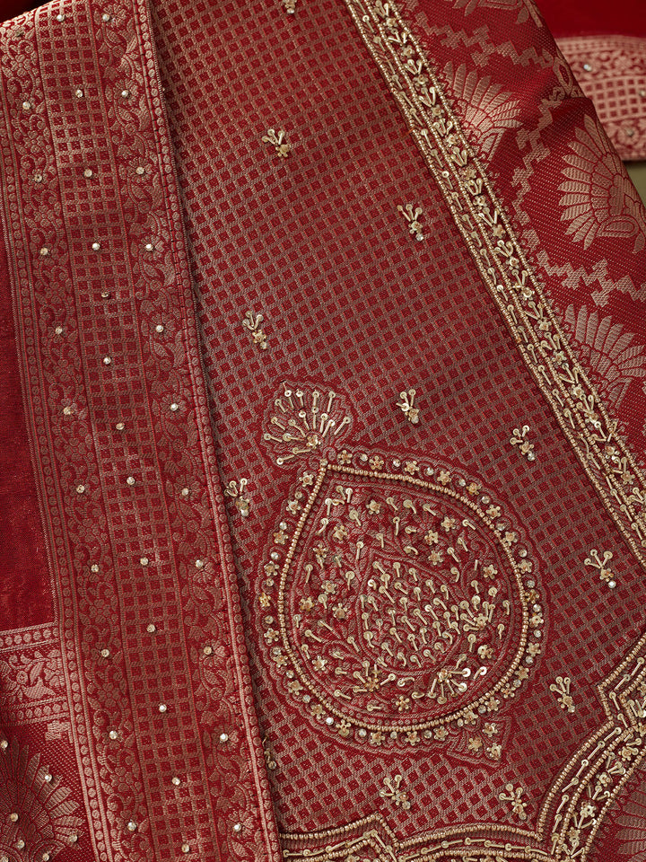 Maroon Dola Silk Sequins Unstitched Dress Material With Matching Bottom And Dupatta