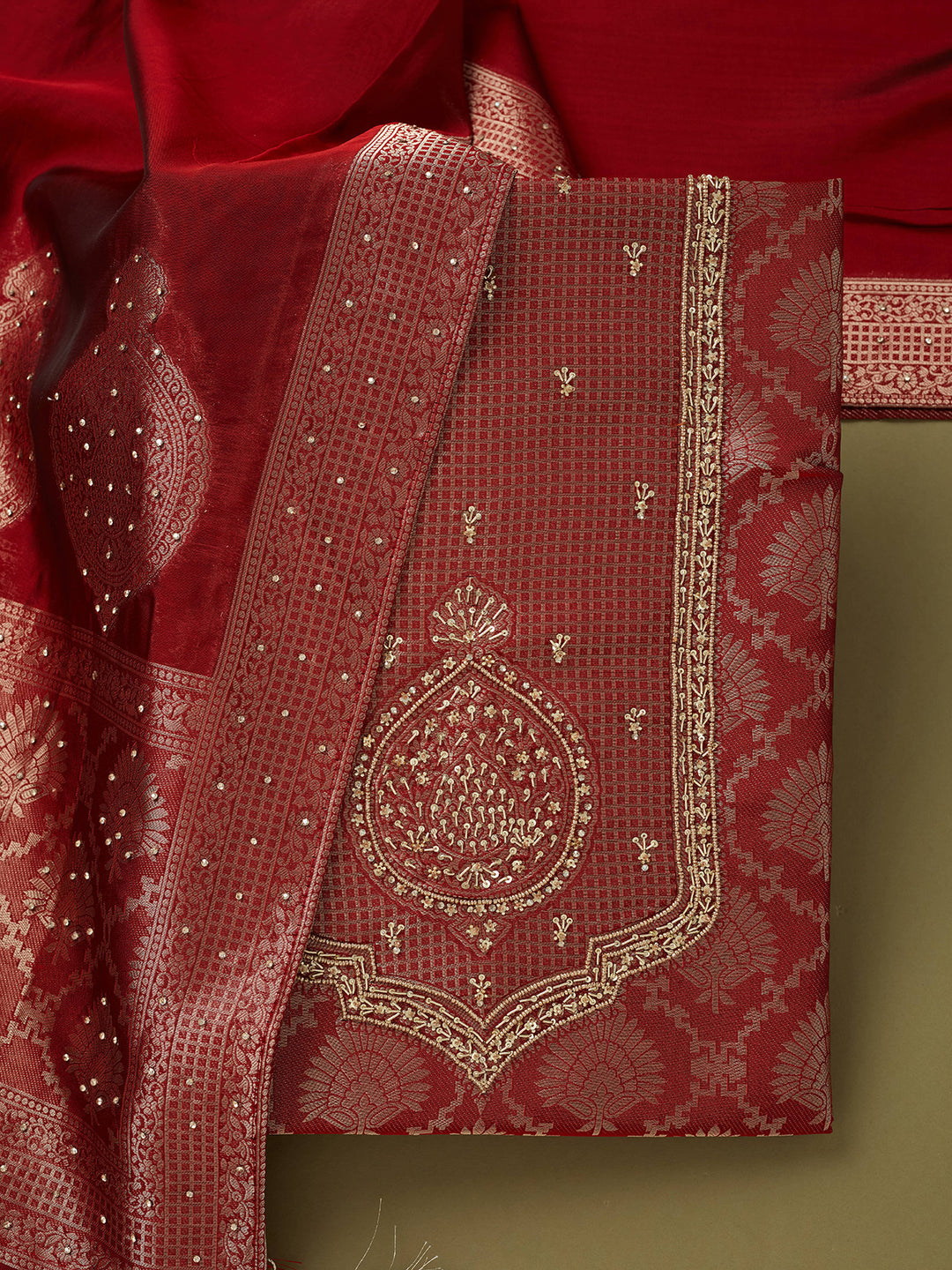Maroon Dola Silk Sequins Unstitched Dress Material With Matching Bottom And Dupatta