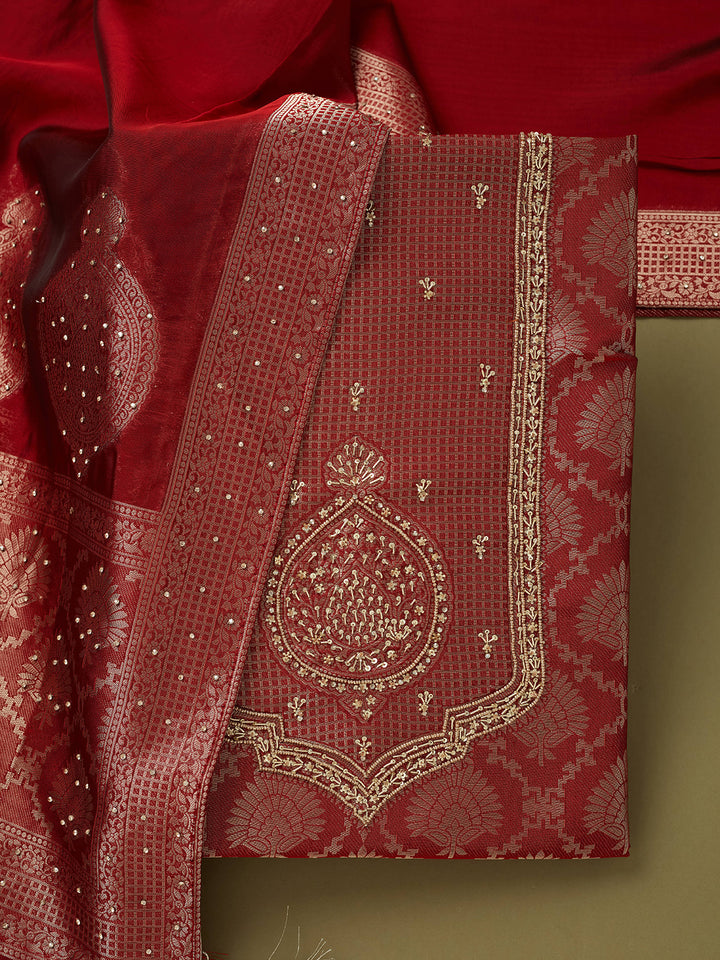 Maroon Dola Silk Sequins Unstitched Dress Material With Matching Bottom And Dupatta