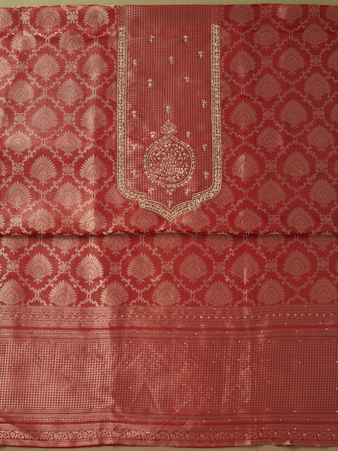 Maroon Dola Silk Sequins Unstitched Dress Material With Matching Bottom And Dupatta