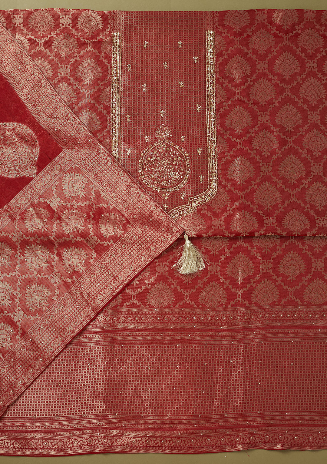 Maroon Dola Silk Sequins Unstitched Dress Material With Matching Bottom And Dupatta