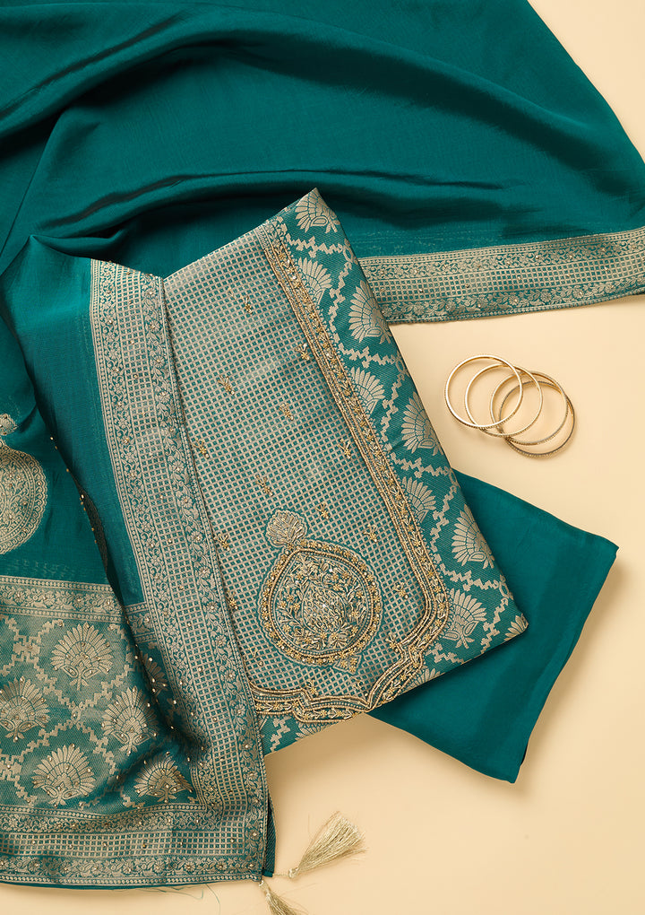 Peacock Blue Dola Silk Sequins Unstitched Dress Material With Matching Bottom And Dupatta