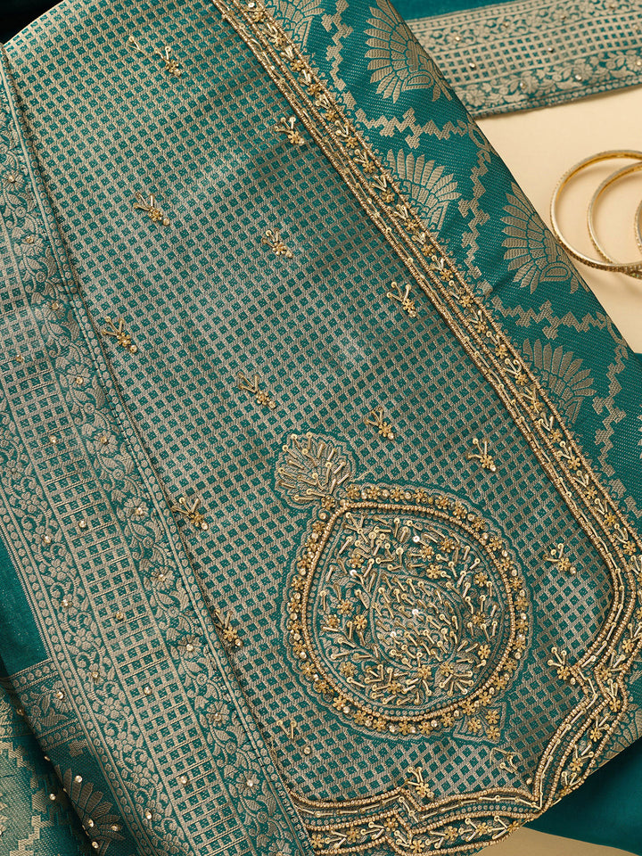 Peacock Blue Dola Silk Sequins Unstitched Dress Material With Matching Bottom And Dupatta
