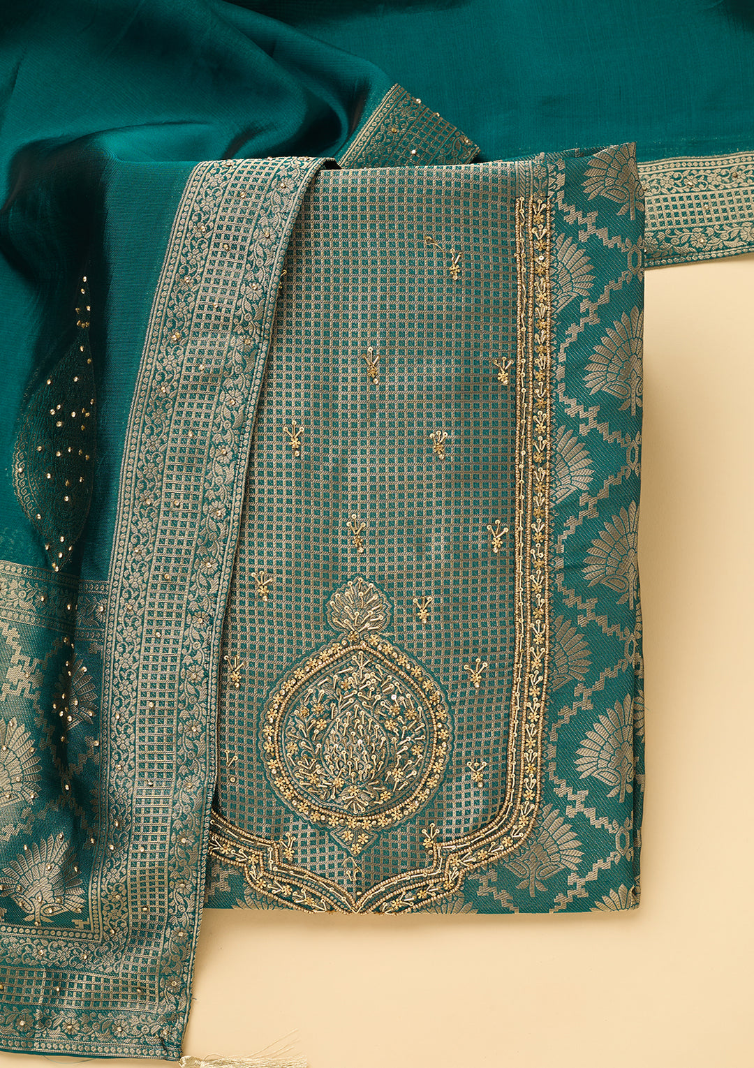 Peacock Blue Dola Silk Sequins Unstitched Dress Material With Matching Bottom And Dupatta