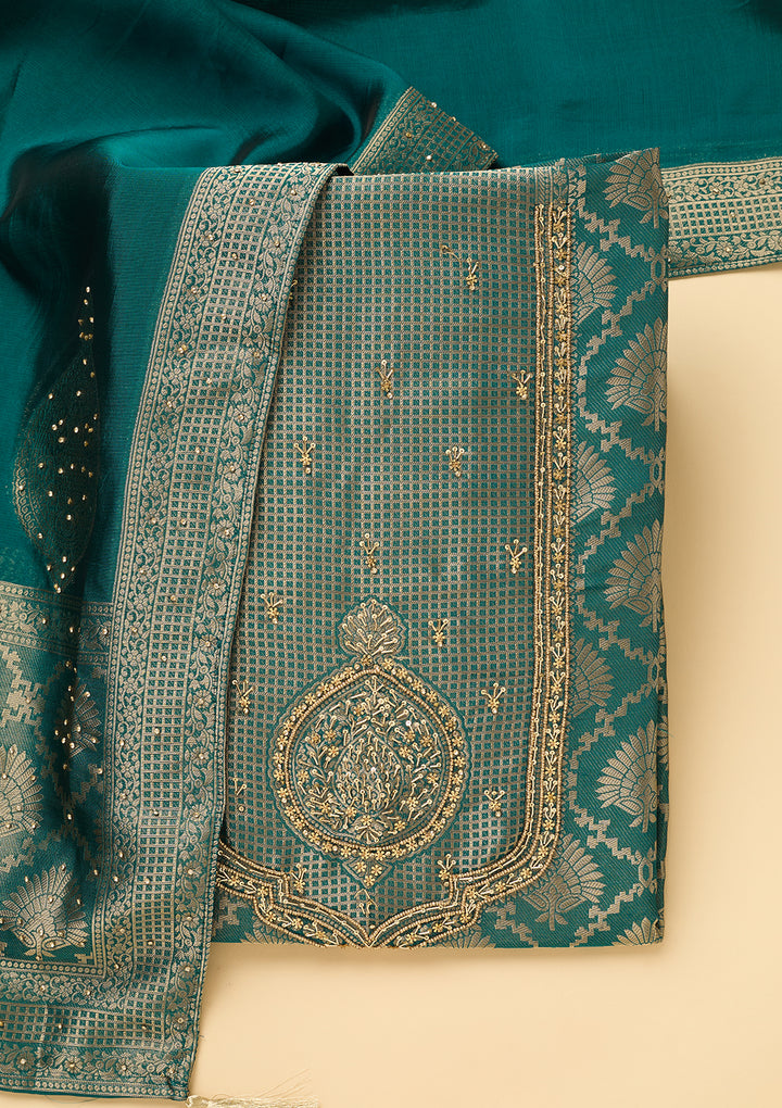 Peacock Blue Dola Silk Sequins Unstitched Dress Material With Matching Bottom And Dupatta