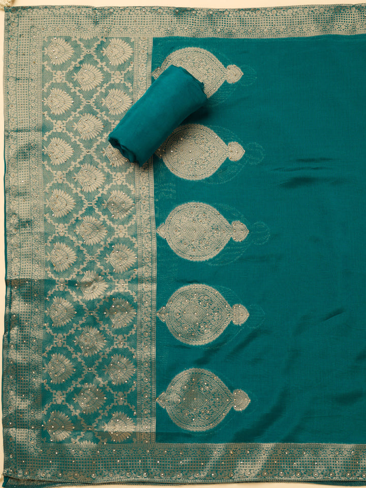 Peacock Blue Dola Silk Sequins Unstitched Dress Material With Matching Bottom And Dupatta