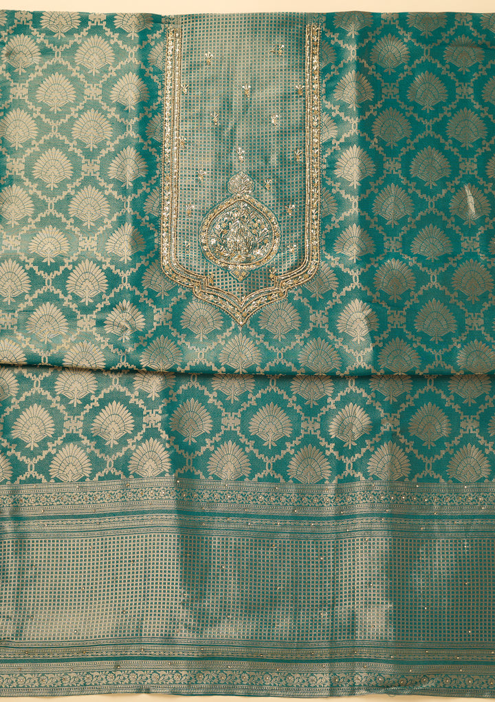 Peacock Blue Dola Silk Sequins Unstitched Dress Material With Matching Bottom And Dupatta