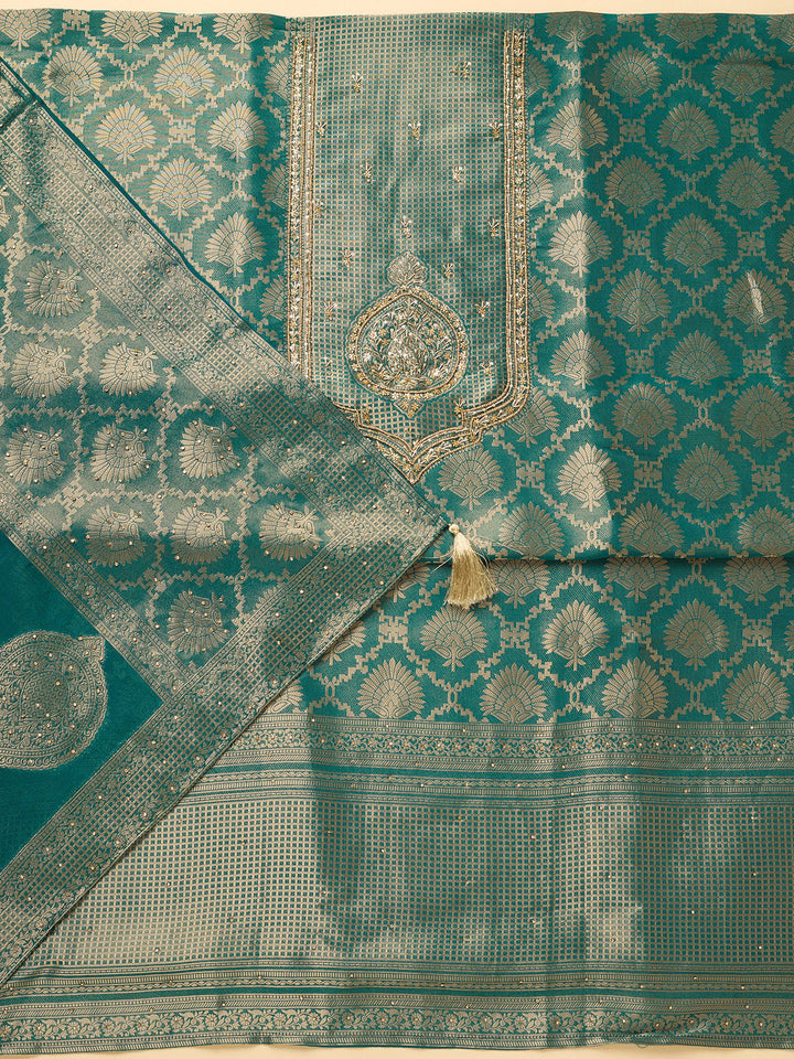 Peacock Blue Dola Silk Sequins Unstitched Dress Material With Matching Bottom And Dupatta